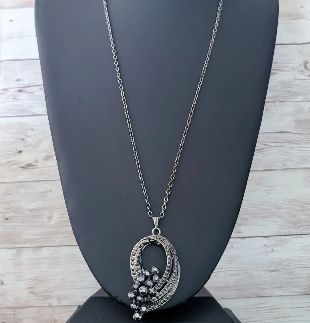 Vintage Necklace - Statement Grey Pendant Necklace - Long Chain